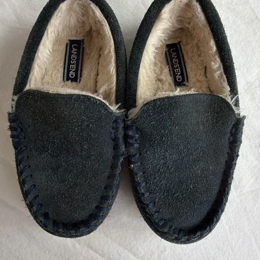 Lands End Kids Moccasin Suede Slippers sz 11 Navy